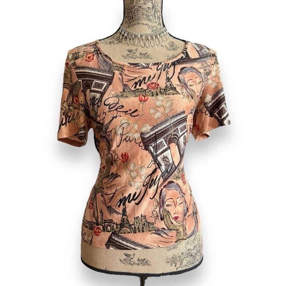 Vintage 90s Paris Graphic Print Short Sleeve Top Size L